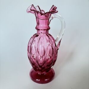 Fenton 9" Ruffle Lip Quilted Body Cranberry Pink Glass Ewer Pitcher Clear Handle